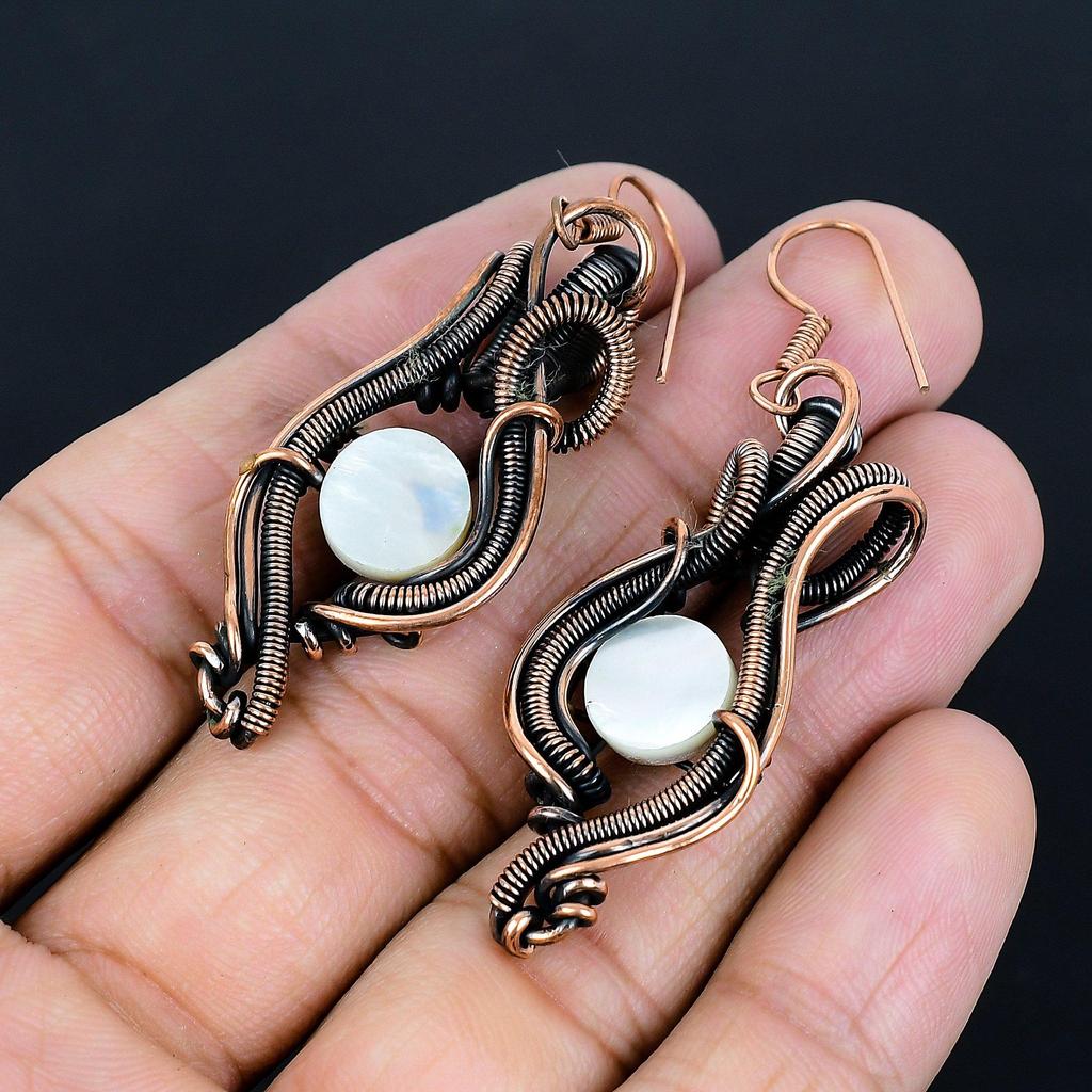 Mother Of Pearl Earrings, 999 Copper Wire Wrap Earrings Handmade Gemstone Jewelry, Gifts For Wife Brand New Earrings
