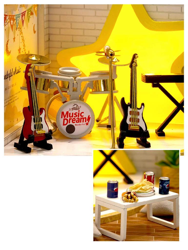 moin moin Scale Dollhouse Miniature DIY Kit Set with and Musical Instruments LED Light Acrylic Case 1/32 Dreamcatcher, Band, Stage, Ultra-Small,