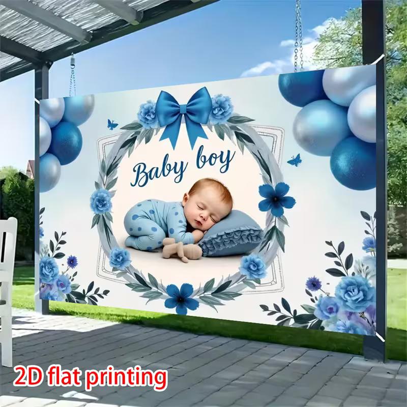 Newborn Boy Welcome Backdrop, Blue Floral Wreath and Balloons Design for Baby Shower Decoration
