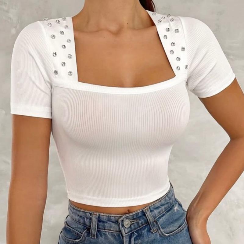 Womens Black Ribbed Square Neck T Shirt With Rhinestone Detail Short Sleeve Slim Fit Casual Top