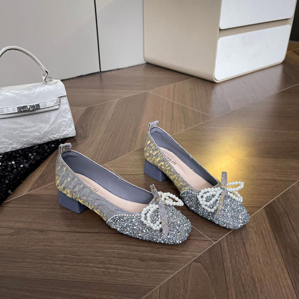 Damenschuhe mit eckiger Spitze, flachem Ausschnitt, neue Frühlings- und Herbstschuhe, temperamentvoller Strass-Schleife, dicker Absatz, temperamentvolle Damenschuhe