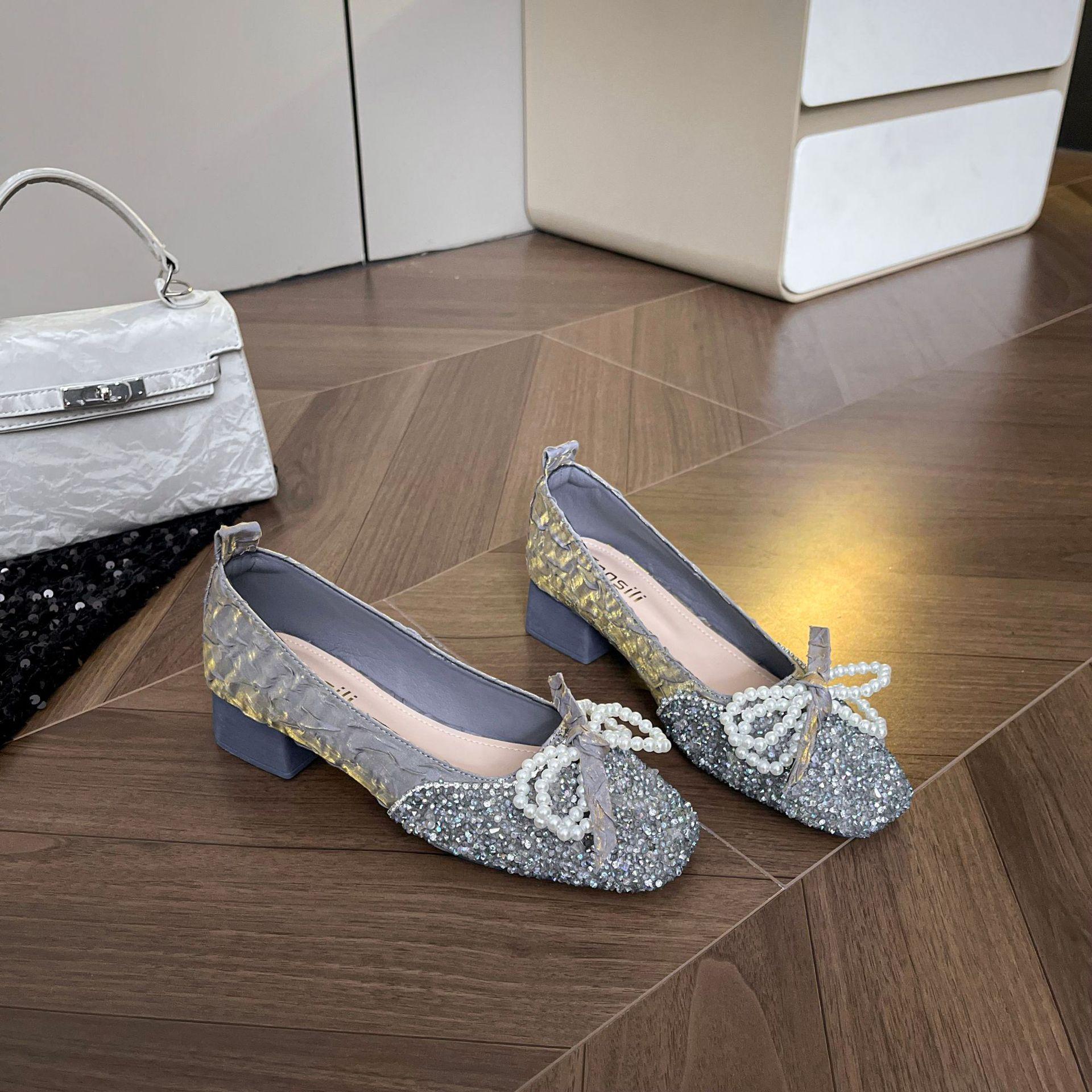 

Туфли-лодочки с квадратным носком, женские, с мелким вырезом, новая весенне-осенняя обувь, темпераментные, со стразами, с бантом, на толстом каблуке, темпераментные женские туфли 40 синий