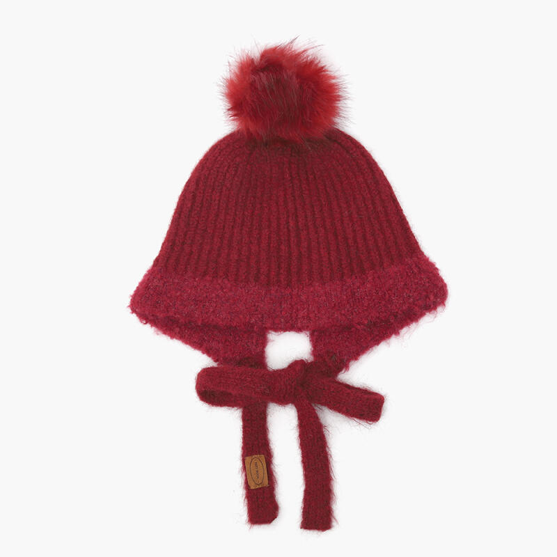 Women s Daily Fur Pom Pom Thick Knit Ribbon Strap Hat black