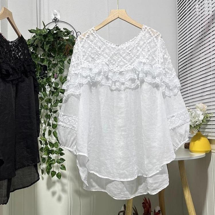 

2024 Новая летняя женская кружевная футболка большого размера свободного кроя с круглым вырезом, большие топы, базовая футболка с коротким рукавом, Dimanaf One Size белый