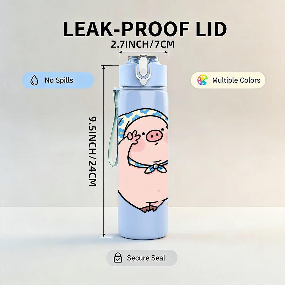1PC Cute Pig With Blue Bow Print 750ml Color Plastic Sports Water Bottle Leakproof Flip Straw Lid Suitable for Sports Office Home Use