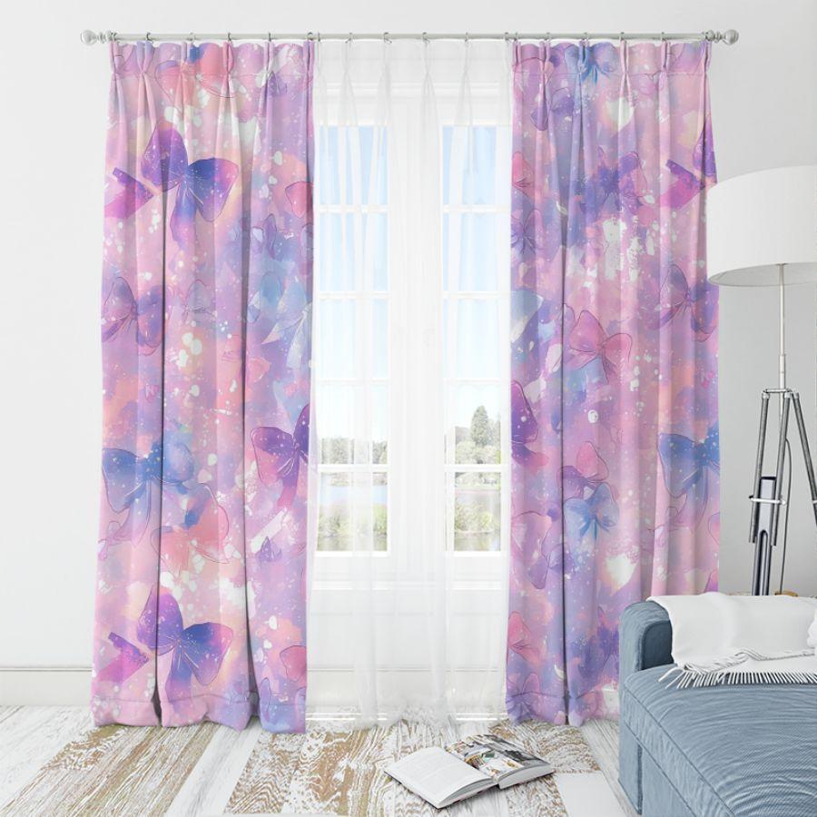 2 Pcs Purple Bow Printed Curtains, Pole Bag Curtains, Bedroom and Living Room, Home Decoration, Room Decoration