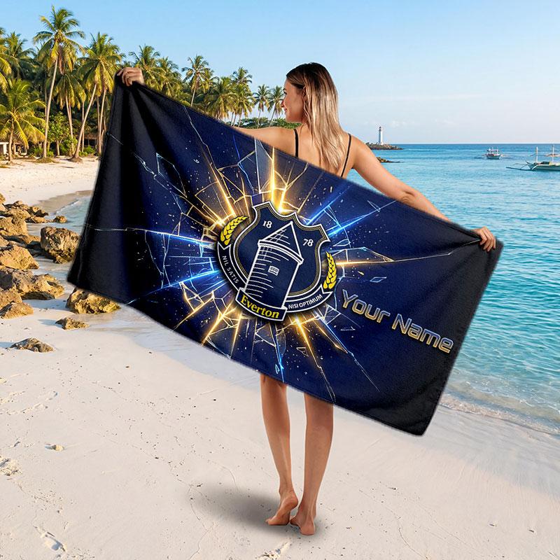 Everton FC Custom Beach Towel, Personalized Name Text Print, Football Logo Soft Quick‑Dry Towel Holiday Gift