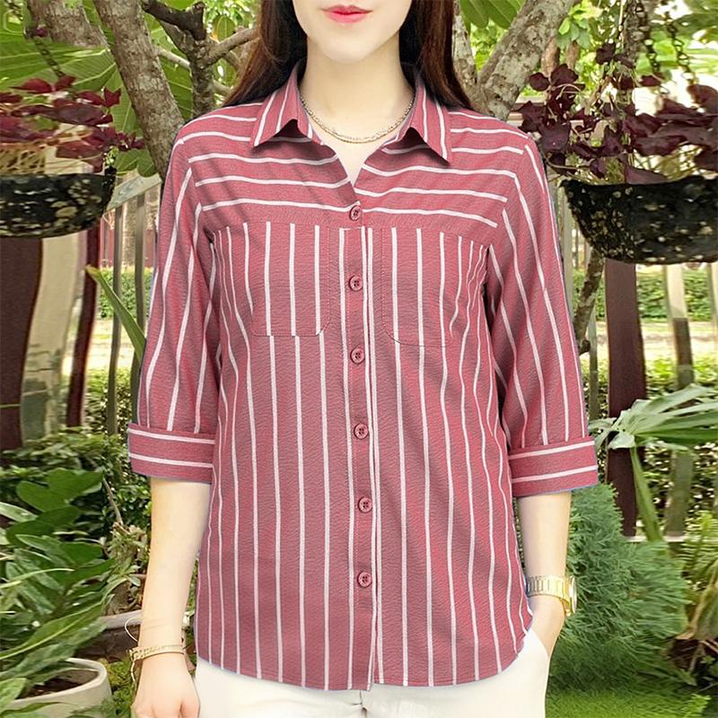 ZANZEA Women Turn Down Collar Loose 3/4 Sleeve Stripe Blouse