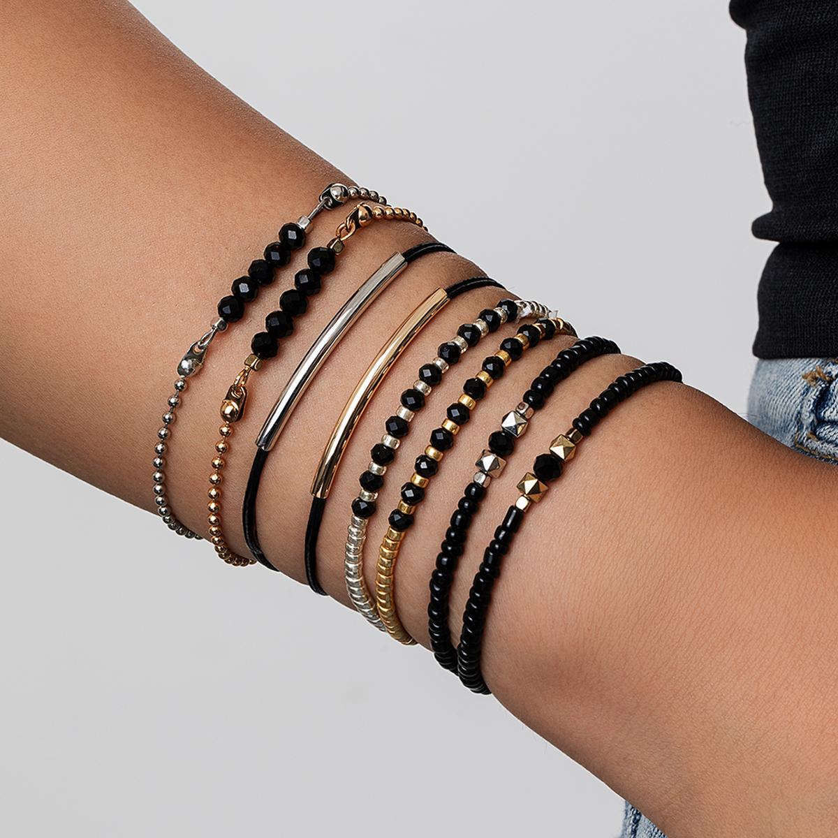

8 Pieces Boho Black Glass Bead Bracelet Multilayer Stacked Knotted Adjustable Women s Everyday Versatile Bracelet