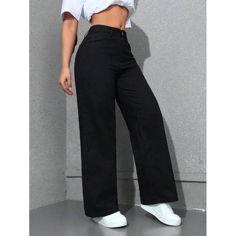 Retro Loose Wide Leg Jeans Fashion Women Solid Straight Wash High Elastic Waist Denim Pants Casual Streetwear Pocket Trousers