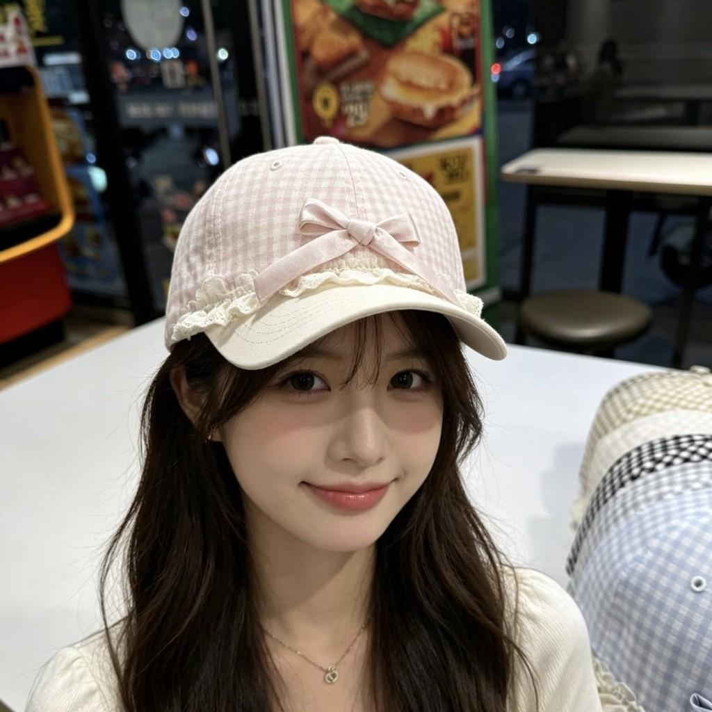 Style Lace Trim Gingham Baseball Cap With Wide Brim For Spring Summer Sun Protection