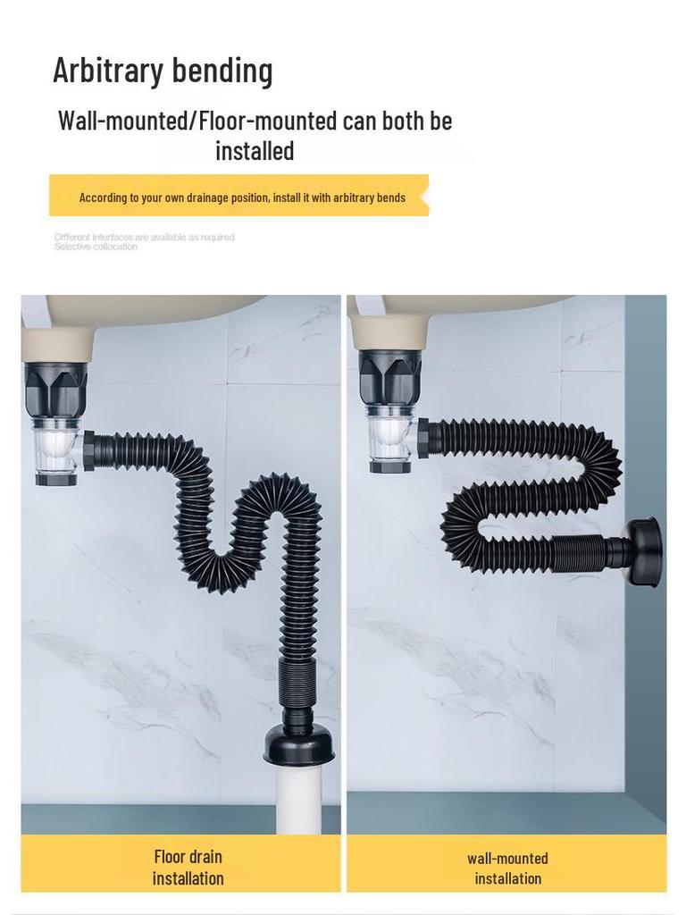 Wall-Mounted Anti-Odor Bathroom Sink Drain Set - Stainless Steel Basin Pipe and Horizontal Drainer.