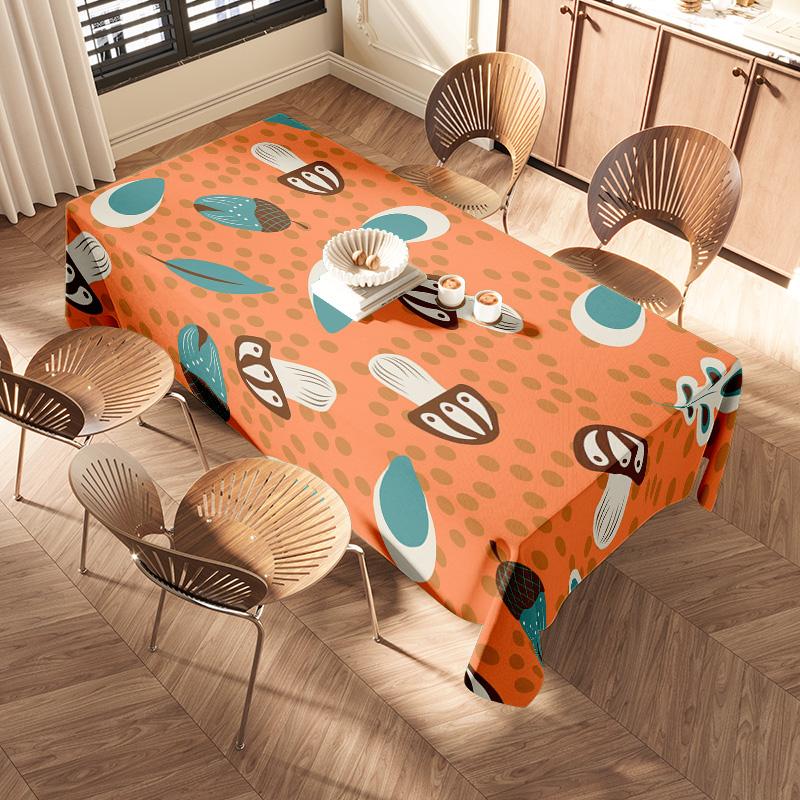 Bright Orange Printed Tablecloth Floral Design Dining Room Home Decoration Waterproof Cover for Families 2 Seating Places