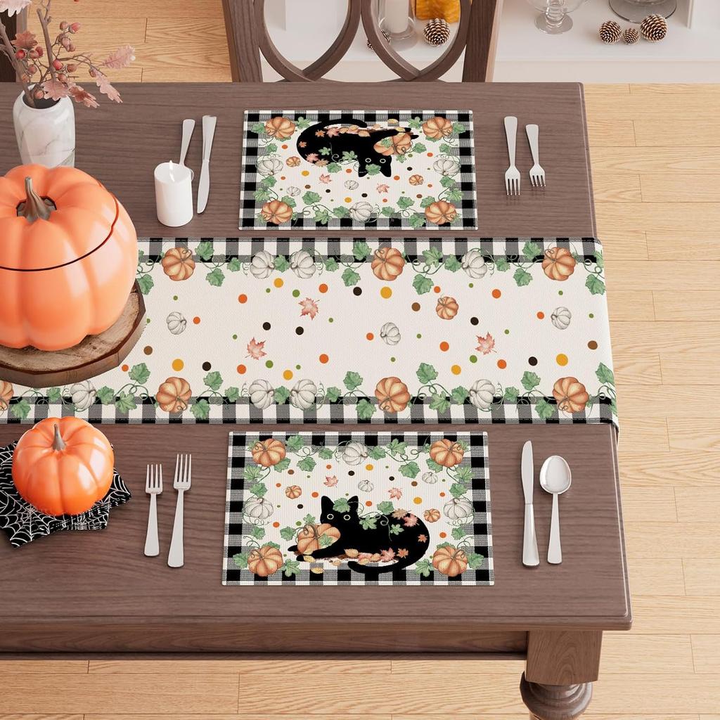 XCHI Fall Black Cat Pumpkin Plaid Placemats Set of 4 Table Mats for Party Home Kitchen Dining Table Decorations 12x18 Inch