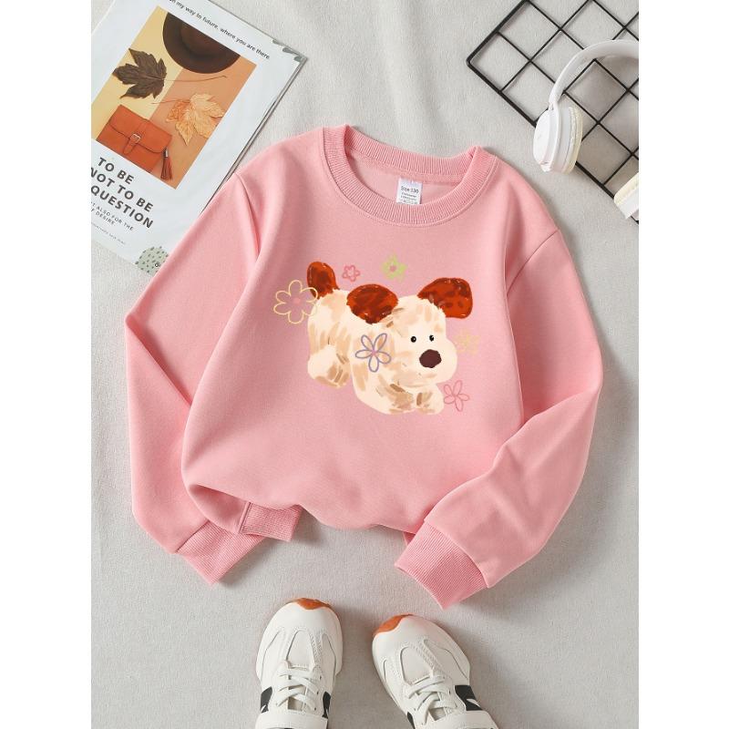 European sizes Girls' Soft Crewneck Sweatshirt, Cute Puppy with Flowers Print, Casual for Fall Winter, Ideal Holiday Present.