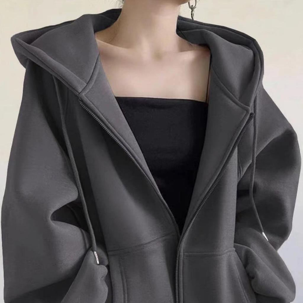 Autumn Winter Women's Fleece Sweatshirt Thickened Hooded Zip-up Loose Sweatshirt