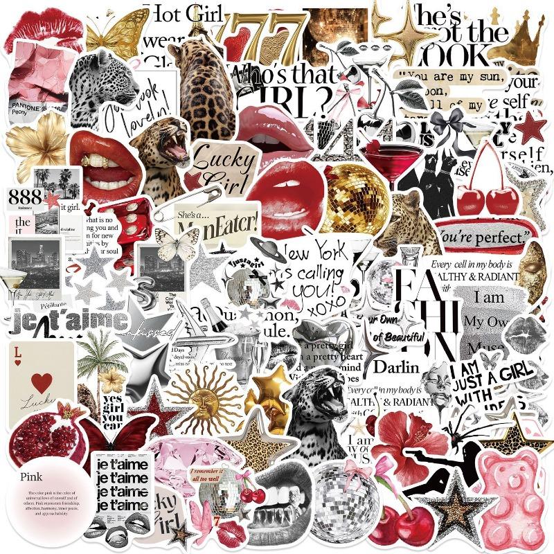 100 Pieces of Retro Lucky Girl Aesthetic Handbook Graffiti Stickers for Decorative Waterproof Wall Decals