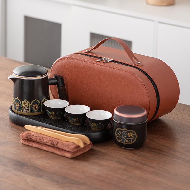 High-end Leather Bag Travel Kung Fu Tea Set Ceramic One Pot Three Four Six Cups Company Commemorative Gift