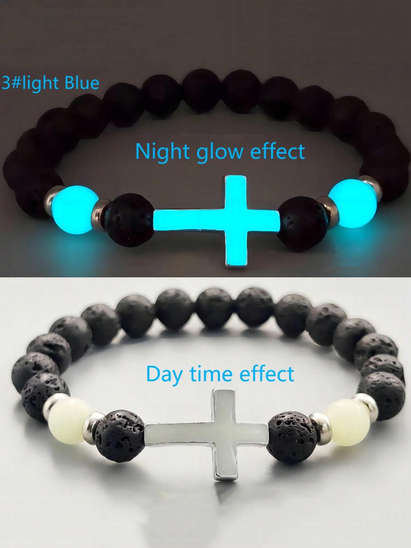 

1pc Volcano Stone Night Glow Vintage Bracelet, Multicolor Luminous Cross Beads Jewelry For Boys And Girls one-size зеленый свет