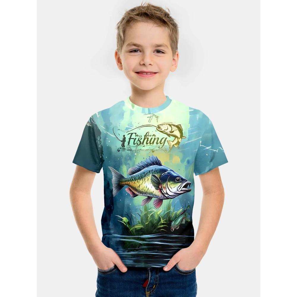 Boys' Clothing with Fish Pattern 3D Printed T-shirt, Summer New Style, Children's Fishing Shirt, Casual Short Sleeved Fashionable Street Top
