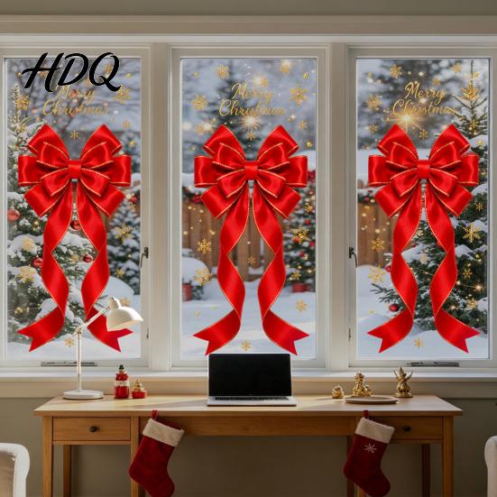Holiday Window Decorations Static Glass Sticker Christmas Theme Bow Pattern Print Removable Film Electrostatic PVC for Home And Store Doors