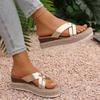 Lightweight Straw Sole Wedge Slippers Summer New Round Toe Open Toe Crossover Strap Cutout Platform Sandals