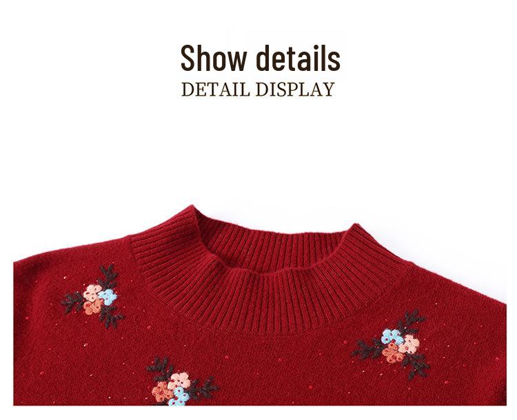 Embroidered High-Neck Pure Wool Sweater for Autumn/Winter - Elegant Base Layer for Middle-Aged & Elderly