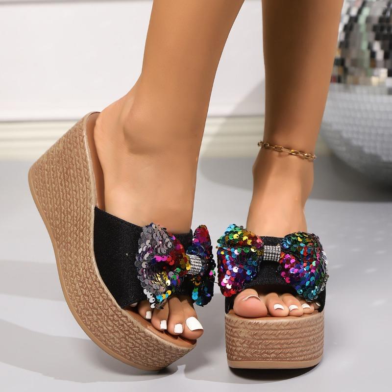 Fashion 2025 Summer Plus Size Women's Slippers New Fashion Outdoor Butterfly-knot Casual Sequins Best Seller Non-Slip Platform Slippers