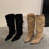 ~ Retro pointed thick heel knight boots women's new belt buckle western pleated long tube stacking boots