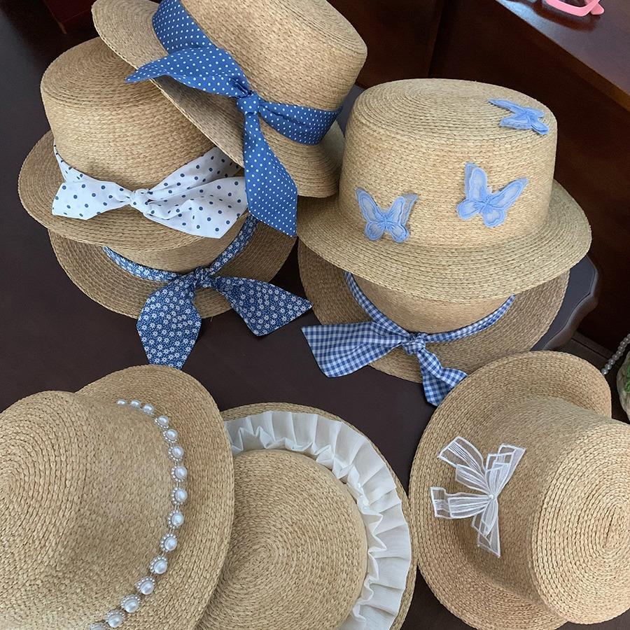 DIY bow flat top sunscreen straw hat women's retro pearl design vacation seaside beach sunshade summer