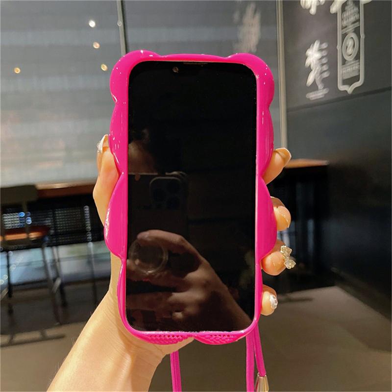 Korean Cute 3d Pink Bear Crossbody Lanyard Telefonveske For Iphone 14 13 12 11 Pro Xs Max X Xr Cartoon Støtsikkert mykt deksel Funda