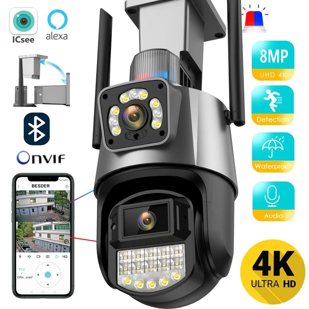 Nová 8MP 4K IP kamera Dual Lens DualScreen 4MP Color Night Vision Auto Tracking PTZ Wifi kamera Vodotěsná CCTV bezpečnostní kamera ICSEE