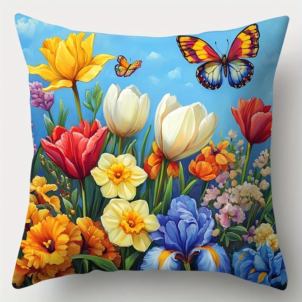 4Pcs Spring Bloom Style Pillow Covers, Colorful Garden Flowers & Butterfly Print Cushion Cases, Cozy Home Decor For Bedroom