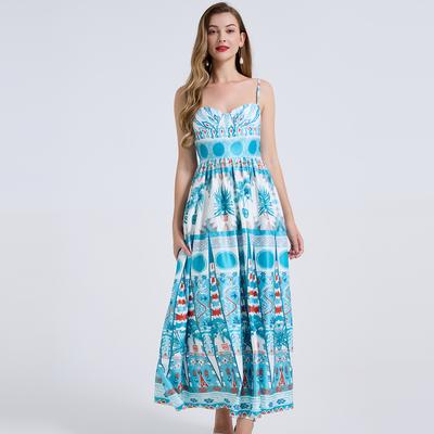 Green Floral Print Sexy Spaghetti Straps Dress Women High Waist A-line Long Holiday Summer Dresses Party Robes 2026