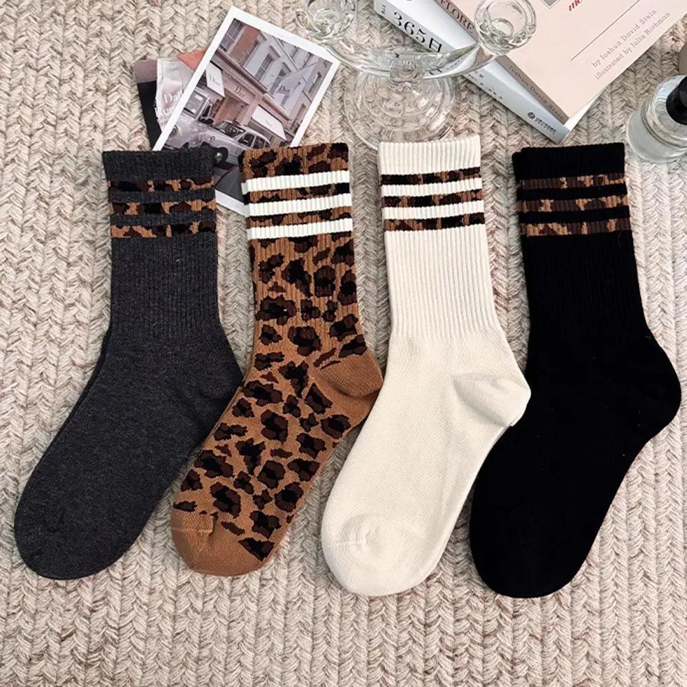 4 Pairs Women Leopard Socks Cotton Sports Socks Y2k Student Socks White Lolita Harajuku Girl Funny Socks
