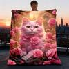 1pc Pink Rose Cat Print Outdoor Flannel Blanket , Machine Washable Perfect Gift for Birthday , Holiday Travel Accessory , Durable Material