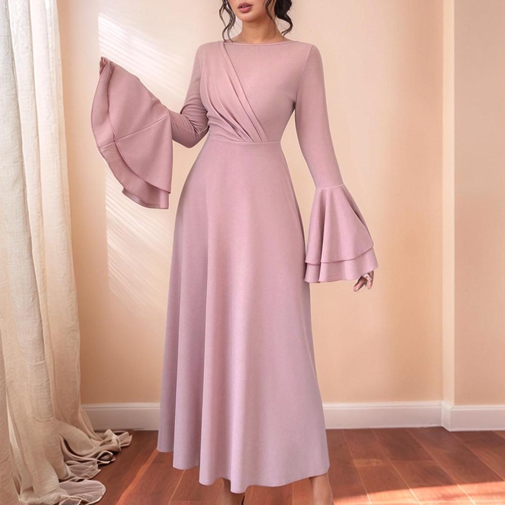 Women's Elegant European-Style Pink Long Sleeve Slim Waist Dress