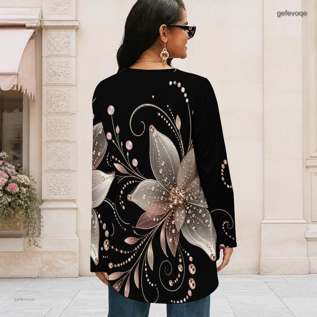 Women Plus Size Abstract Geometric Print Long Sleeve Crew Neck Loose Irregular Hem Casual Daily Tunic Blouse