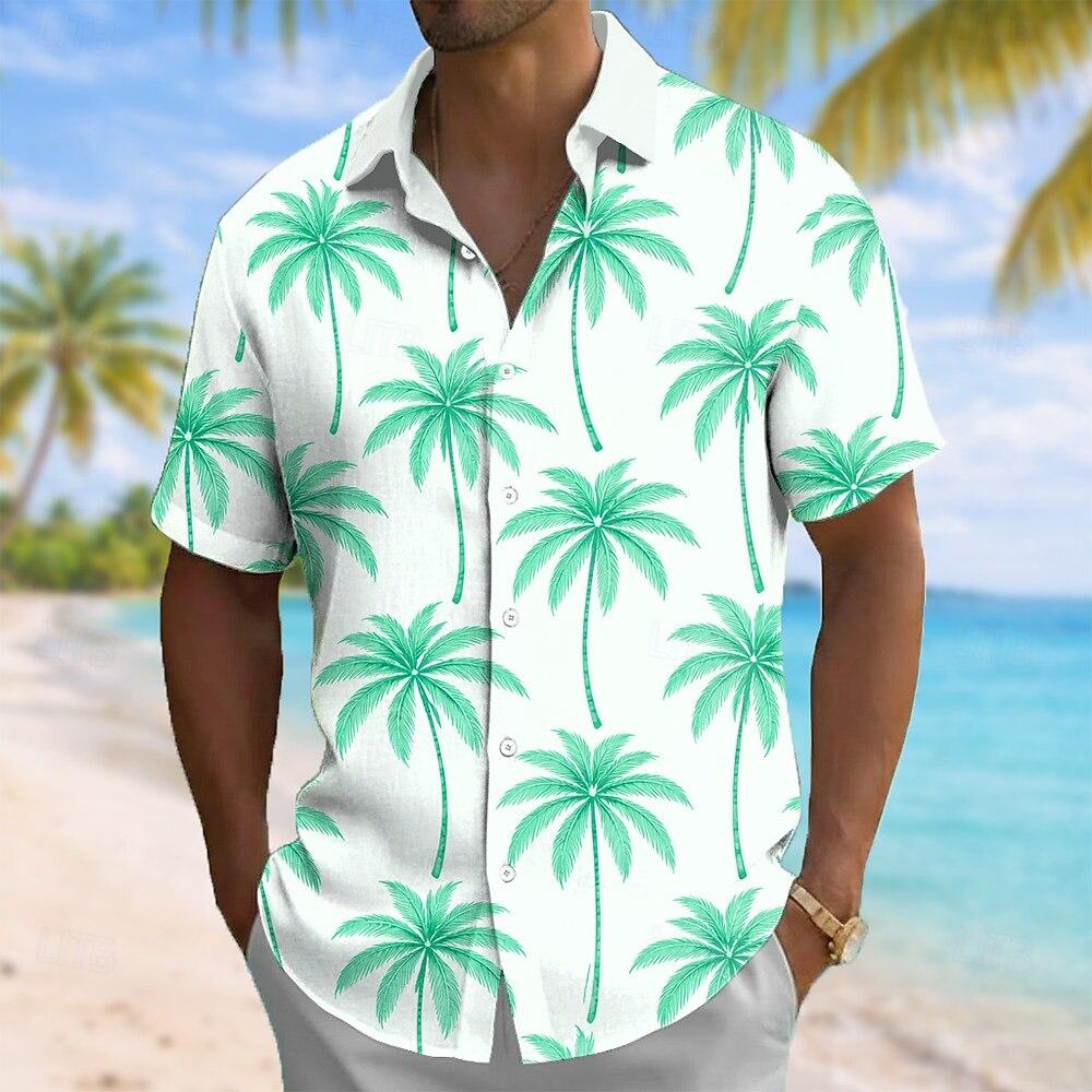 Men's Coconut Tree Tropical Summer Hawaiian Shirt, Short Sleeve Lapel 3D Print Button Up Beach Shirt