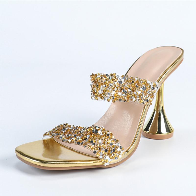 

Fashion Liyke Gold Smooth PU Patent Leather Women Slippers Sandals Fashion Square Toe Strange Heels Mules Slides Summer Party Dress Shoe 36