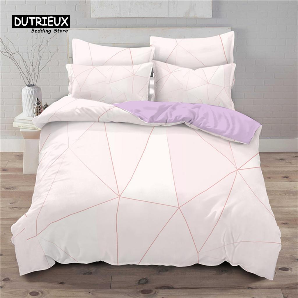 Modern Pink Geometric Bedding Set Soft Microfiber Black Marble Triangles Print Duvet Cover King With Pillowcases Bedroom Decor