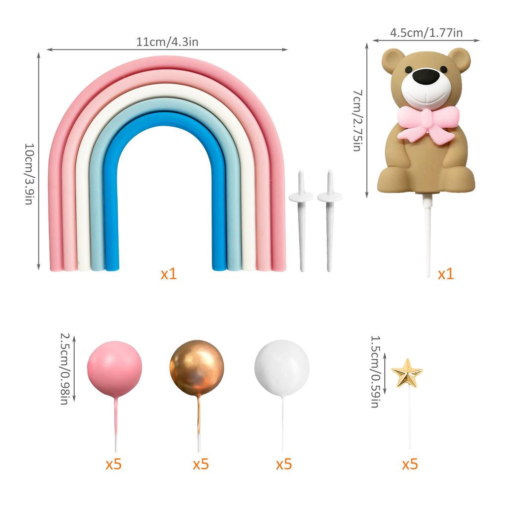 22pcs Pink Bear Cake Decoration Pink White Blue Rainbow Golden Ball Star Cake Top Baby Girl Shower Birthday Cake Decoration