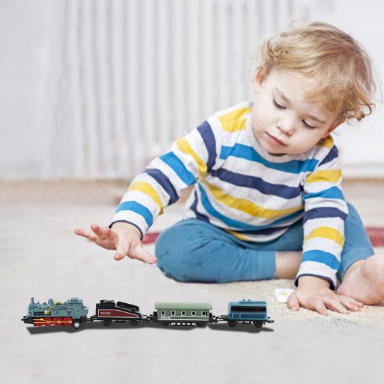 1 Set Vintage Steam Train Toy with Locomotive 3 Carriages Pull Back Realistic Mini Kids Retro Die-cast Train Model Ornament Boys Girls Birthday Gift