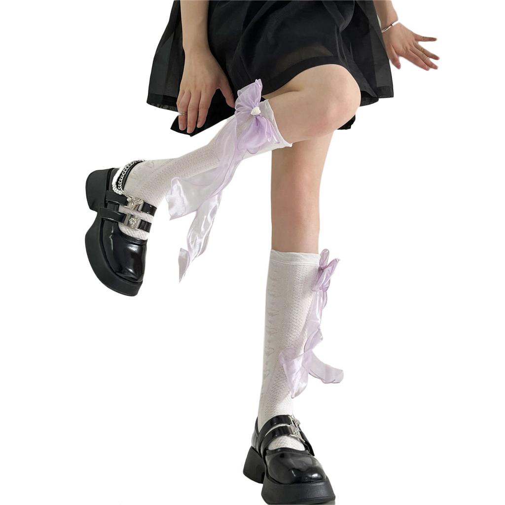 Womens Knee Length Sock Ribbon Bows Tie Stocking Hollows Lacy Bows Tie Long Fishnet Mesh Ballet Style Sock for Summer