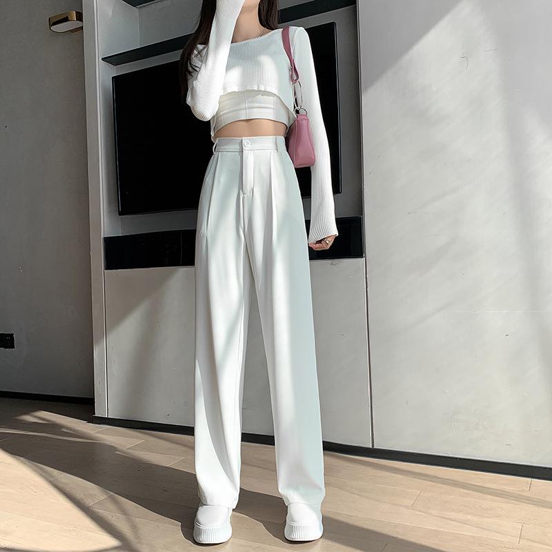 Women's High Waist Wide Leg White Suit Pants - Spring/Autumn Thin Style, Straight Loose Fit with Elegant Drape, Trendy and Versatile.