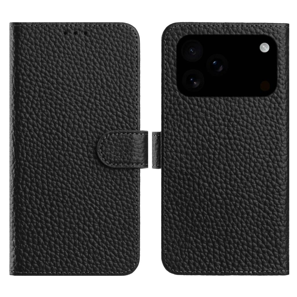 For iPhone 17 Pro Max Case Wallet Stand Litchi Texture Genuine Cow Leather Flip Phone Cover