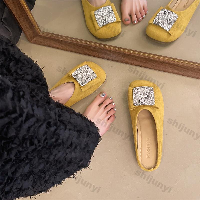 Fashion Women Shoes 2025 Summer New Fashion Soft Sole Non Slip Half Drag Shoes Outdoor Comfortable Vintage Rhinestone Square Toe Sandals