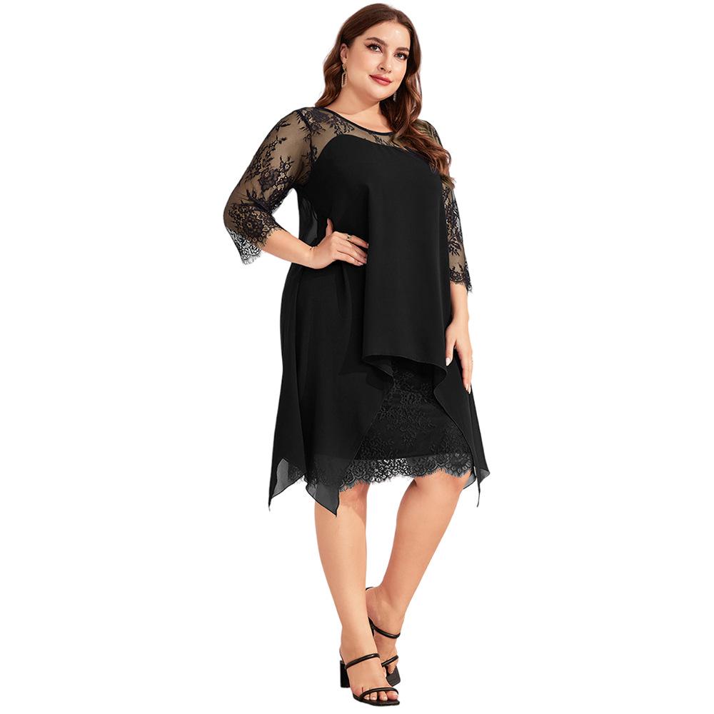 

Весна/Лето 2025 Платье батал из шифона с кружевной отделкой и асимметричным подолом, рукав три четверти M чёрный