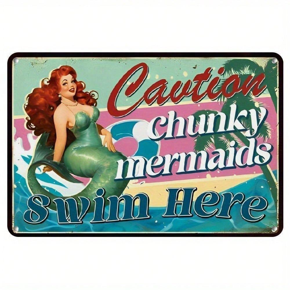 Funny Pool Warning Tin Sign Vintage Mermaid Bathroom Bar Decor