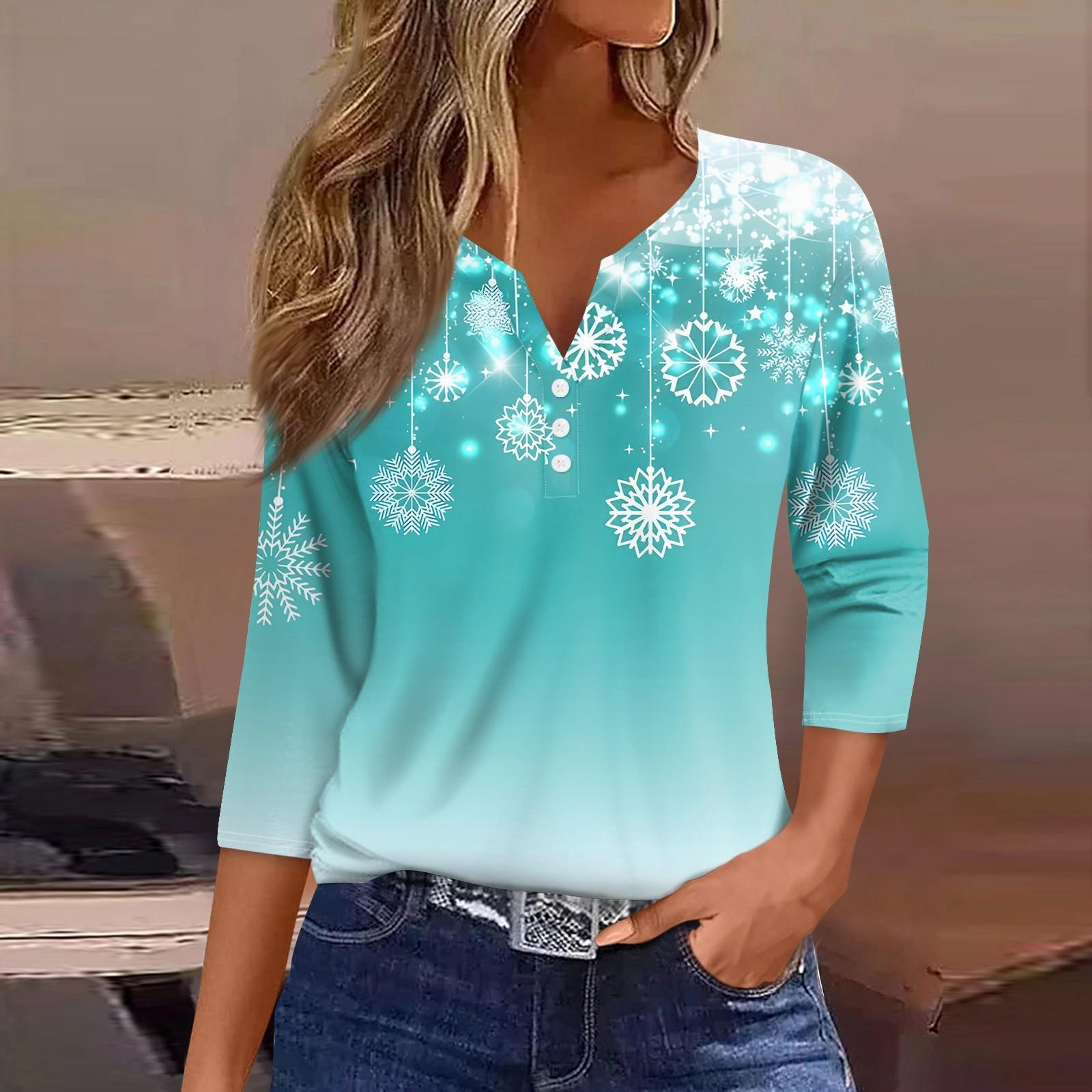 

Женская футболка с рождественским принтом, на пуговицах, рукав 3/4, повседневная мода на выходные, базовый топ с V-образным вырезом XXL циан